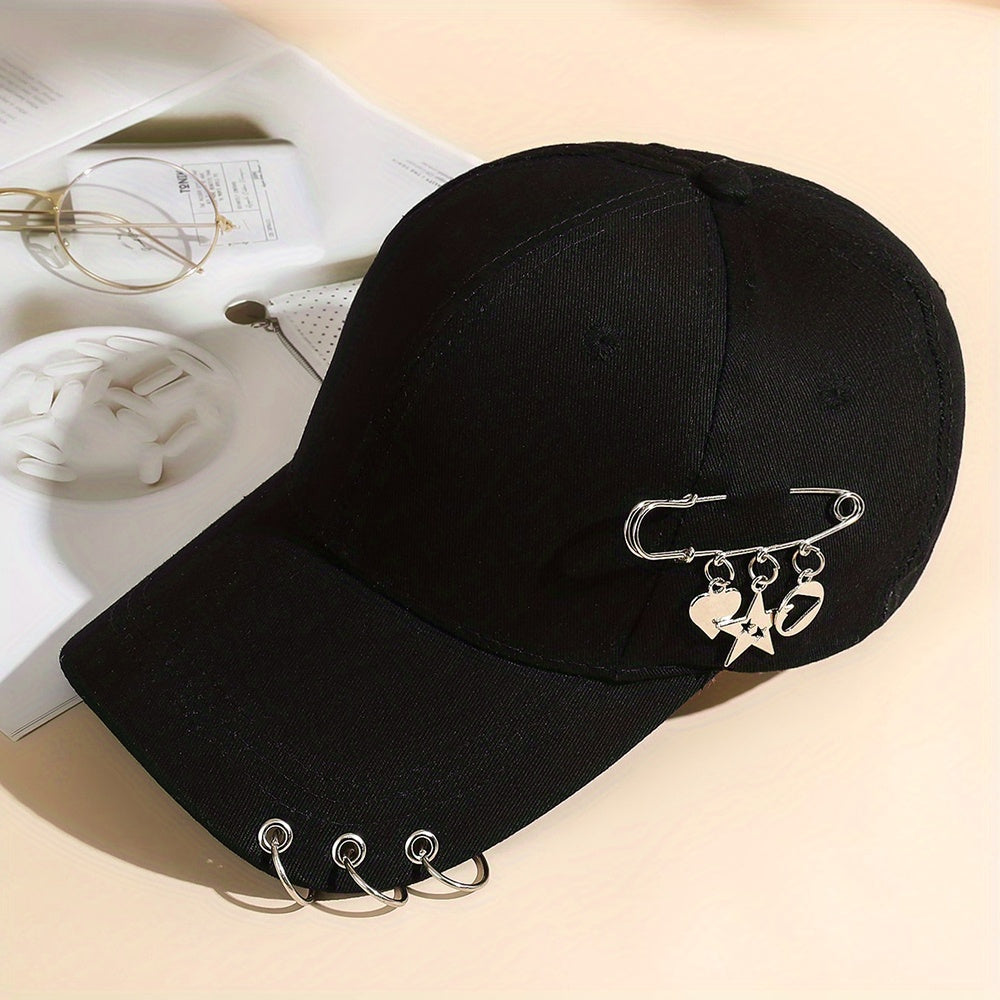 Adjustable Black Polyester Baseball Cap for Women - Trendy Korean Style with Heart & Star Pin, Versatile Fashion Accessory for Spring/Summer, Baseball Cap