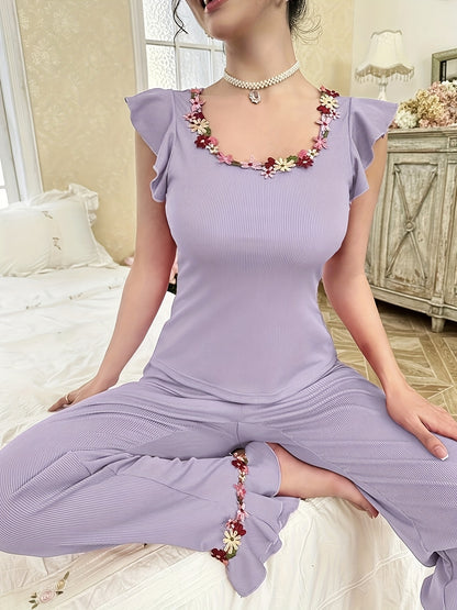 Elegant Women'S Floral Embroidered Colorful Small Floral Small Cap Sleeve Top and Ruffle Hem Pants Set