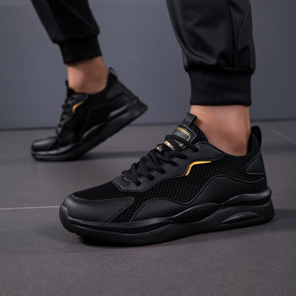 Men's 2025 New Summer Breathable Running Shoes - Lightweight Cushioned Sneakers with Golden Accents, Low-Top Black Casual Shoes for Gym, Walking & Daily Wear, All-Season Comfort, Sleek Sporty Design, Durable Traction Footwear