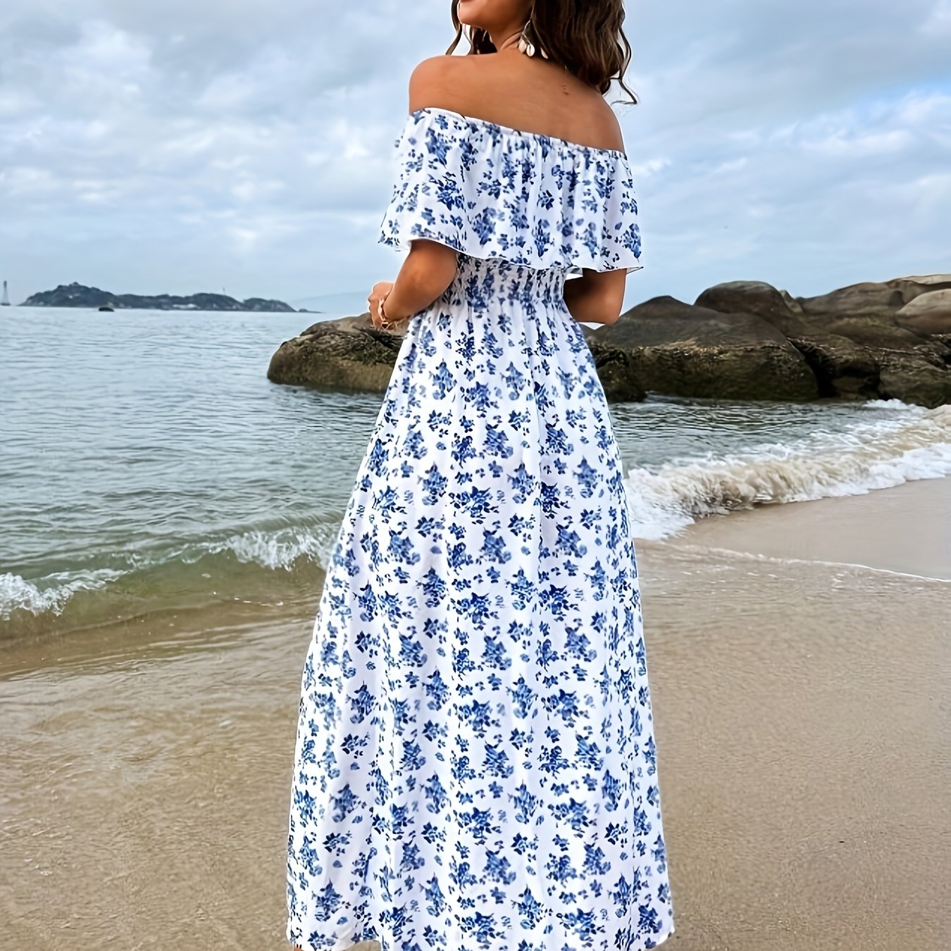 Elegant Off-Shoulder Floral Print Dress for Women - Chic High-Low Hem with Ruffle Detail, Polyester, Machine Washable - Ideal for Spring/Summer/Fall Beach Holidays, Beach Dress