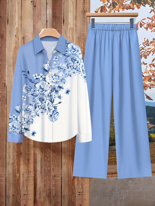 Women'S Elegant Set of Contrasting Floral Print Long-Sleeve Lapel Shirt Top And Solid Color Loose Pants Two-Piece Set