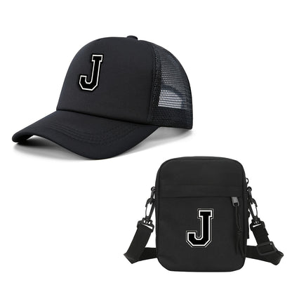 2pcs Men'S And Women'S 26-Letter Printed Trucker Hat & Bag Set, Mesh Breathable Versatile Casual Sun Hat, Suitable for Holiday Vacation, Mountain Climbing, Camping, Outdoor Street And Other Scenes, Suitable As a Birthday, Hol
