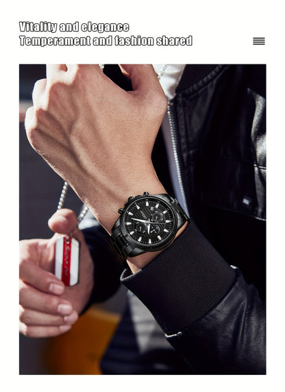 CRRJU Fashion Men's Watch, Business Solid Stainless Steel Multifunctional Chronograph Watch