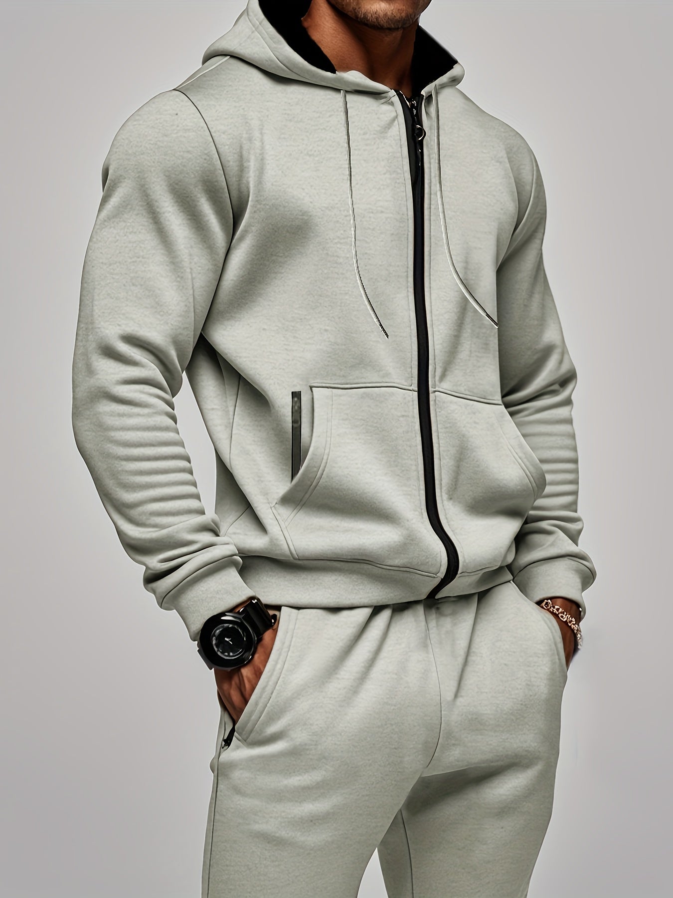 2pcs Men's Solid Color Hooded Long Sleeve Sweatshirt + Pants Set, Casual Co-ord Sports Fitness Set