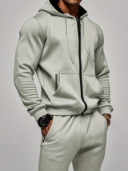 2pcs Men's Solid Color Hooded Long Sleeve Sweatshirt + Pants Set, Casual Co-ord Sports Fitness Set