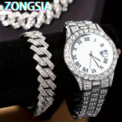 ZONGSIA Hip Hop Watch & Jewelry Set - Luxury Rhinestone-Encrusted Quartz Watch with Matching Bracelet and Necklace, Classic Male Fashion, PC Case, Alloy Strap, Electronic Drive, Non-rechargeable Button Battery, ZONGSI