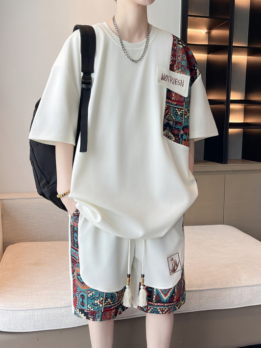 2pcs Men's Summer Casual Outdoor Set, Fashion Ethnic Style Round Neck Short Sleeve T-Shirt and Shorts Suit with Embroidery Design Loose Fit, Short Sleeve + Drawstring Shorts Combo, Suitable for Summer Outdoor Activities