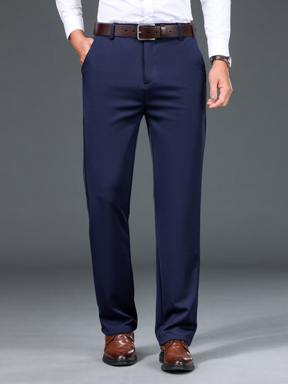 1pc Men'S Warmth Business Casual Pants, Fall/Winter Fleece-Lined Thickened Straight-Leg Trousers with Slant Pockets, Solid Color Knit Fabric Regular Fit Dress Pants with Zipper Closure, Medium Stretch Polyester