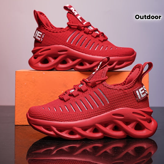 Youngsters' Breathable Knit Sneakers - Lightweight Running Sneakers with Striped Design, EVA Sole & Lace-Up Closure for Boys & Girls | All-Season Outdoor Sports & Casual Wear (Red), Big Kid Shoes, Everyday Youngsters's Footwe