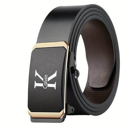 K-Letter Calvin Men'S Automatic Buckle Belt - Adjustable Faux Leather with Golden-Tone Metal Accents, Durable Casual & Formal Accessory for Jeans, Dresses - Ideal Christmas Gift, Belt for Dress, Dress Belt, Modern Belt, Quali