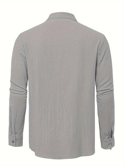 Classic Design Men's Solid Color Stand Collar Long Sleeve Button Up Top Shirt, Pure Cotton Spring And Autumn Fashion Cotton Tops For Daily And Casual Outerwear