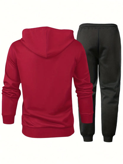 Men's Two-Piece Sportswear Suit: Zipper Hoodie + Sweatpants Set, Spring/Autumn Solid Color Regular Long Sleeve Zipper Hoodie with Drawstring, Threaded Trousers, Casual Sportswear Two-Piece Set