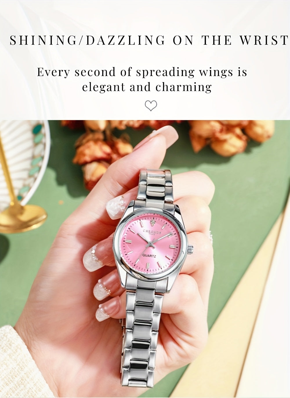 CHRONOS Women'S Quartz Watch - Elegant Stainless Steel Strap, Luminous, Round Dial, Business Casual Style, Perfect for Commuting and Casual Attire, Date Display, Pointer Display, Zinc Alloy Case, Button Battery Powered, Timer