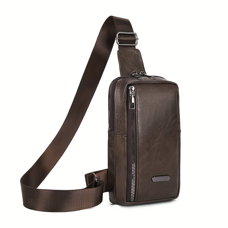 Men'S Classic Black PU Crossbody Bag with Geometric Pattern, Key Holder, Zipper Closure, Polyester Lining, Urban Style, Commuter Bag|Geometric Pattern Bag|Zippered Closure Bag