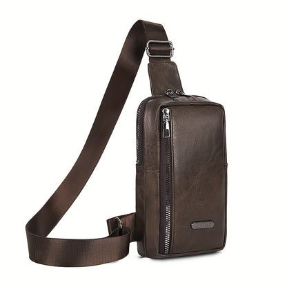 Men'S Classic Black PU Crossbody Bag with Geometric Pattern, Key Holder, Zipper Closure, Polyester Lining, Urban Style, Commuter Bag|Geometric Pattern Bag|Zippered Closure Bag