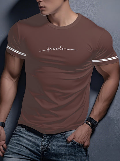 Men'S "Freedom" Graphic T-Shirt - Black Casual Crew Neck Tee with White Stripes, Breathable Polyester Blend, Regular Fit for Casual Attire, Everyday Tshirt | Bold Print Tee | Comfortable Fit, Knit
