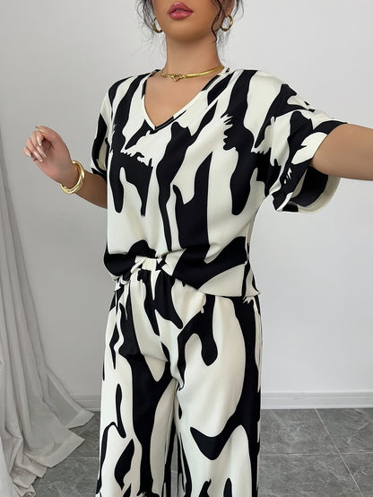 -Yy0207476-2pcs Women'S V-Neck Short-Sleeved Black And White Printed Casual Top And Pants Set