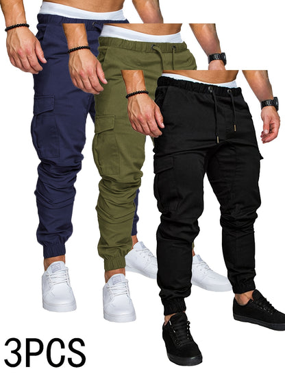 3-Pack Men'S Casual Cotton Cargo Pants, Solid Color, Non-Stretch, Regular Length, Drawstring Waist, Four Seasons, Standard Fit, Woven Fabric