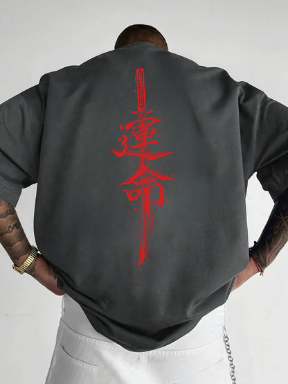 Men'S Japanese Samurai Sword Graphic T-Shirt - Casual Loose Fit Crew Neck, Short Sleeve Tee with Red Stylized Japanese Katanas Design, Breathable Polyester for Spring & Summer Outdoor Wear
