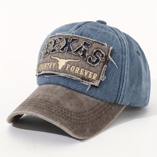 1pc, "TEXAS" 3D Patch Cut Washed Baseball Cap, Featuring English Letters And Horn Flat Embroidery, Dual Color, Rock Style, Western Dad Hat, Suitable for Gifting to Husband, Colleagues, Or Friends, New Style for Spring And Sum