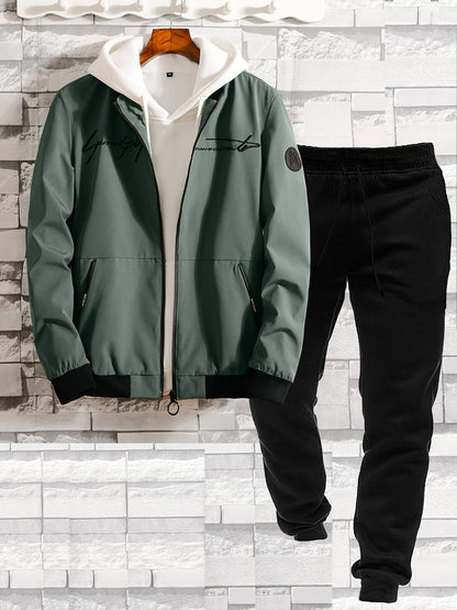 2pcs Men's Classic Bomber Jacket & Jogging Pants Set - Sleek Black with Letter Embroidery, Elastic Cuffs & Waistband, Durable Polyester, Perfect for Outdoor Activities & Casual Wear, Jogging Suits