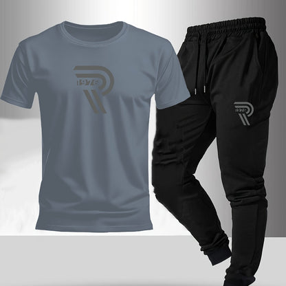 2pcs Set, Men'S Casual Loungewear, Gift, Fashion Print, Round Neck T-Shirt with Drawstring Pants, Outfit
