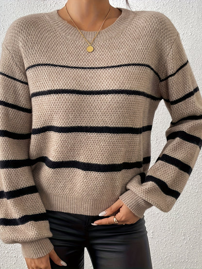 Elegant Crew Neck Stripes Color Block Knit Fabric Short Sleeve Round Neck Sweater, New Arrival, for Women, Spring/Fall