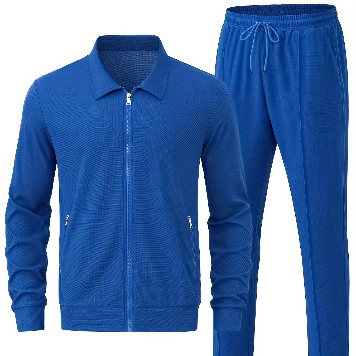 Men's Solid Waffle 2pcs Athletic Outfits, Zip-up Jacket & Pants co ord set for Outdoor Sports