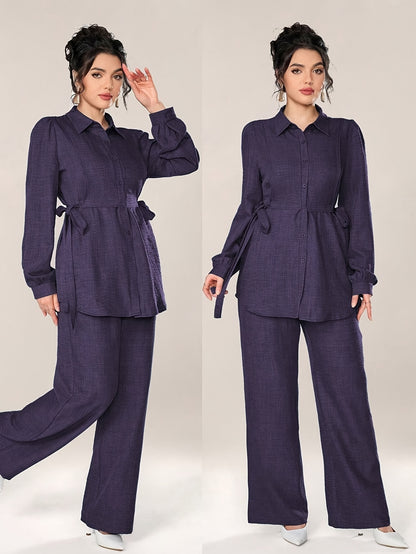 Two-Piece Abaya Set with Wide-Leg Pants, Long Sleeve Design with Back Tie, Suitable for Office and Daily Wear, Soft and Stretchable Fabric, Elegant Middle Eastern Style, Comfortable, Machine Washable, Practical and Stylish