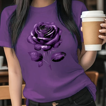 The Black Roseprint t-shirt, short sleeve crew neck casual top for summer & spring, Women's clothing gift