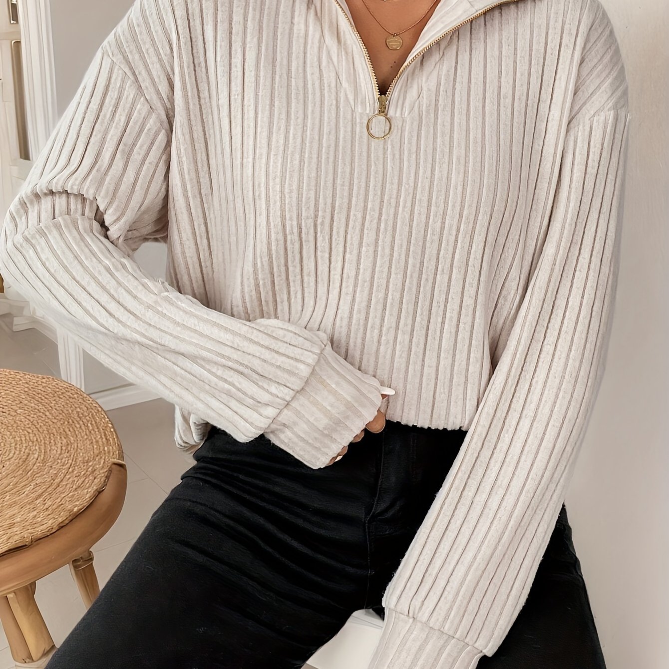 [Everyday Elegance] Women's Elegant Ribbed Knit Collared T-Shirt - Black, Long Sleeve, Zip-Up Design, Soft Polyester Blend, Machine Washable, Perfect for Spring & Fall, Ladies T Shirts