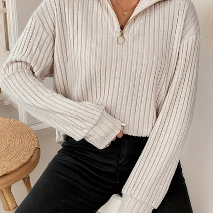 [Everyday Elegance] Women's Elegant Ribbed Knit Collared T-Shirt - Black, Long Sleeve, Zip-Up Design, Soft Polyester Blend, Machine Washable, Perfect for Spring & Fall, Ladies T Shirts