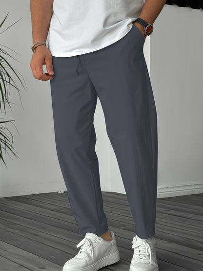 Men's Solid Pants With Pockets, Casual Drawstring Trousers For Outdoor Activities Gift