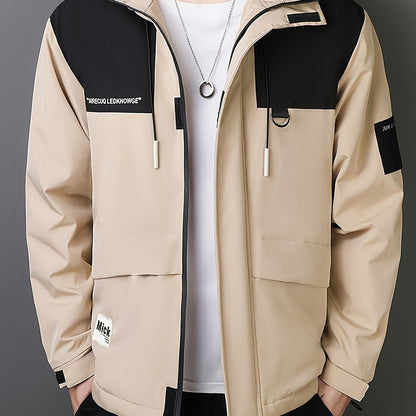 Men's Casual Hooded Windbreaker Jacket - Spring/Autumn Color Block Zip-Up Coat For Autumn Winter Outdoors