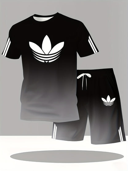 ADIDA Letter Set Short Sleeve + Shorts Two-Piece Men's Fashion Casual Round Neck T-Shirt Outfit, European Style Trendy Short Sleeve Set
