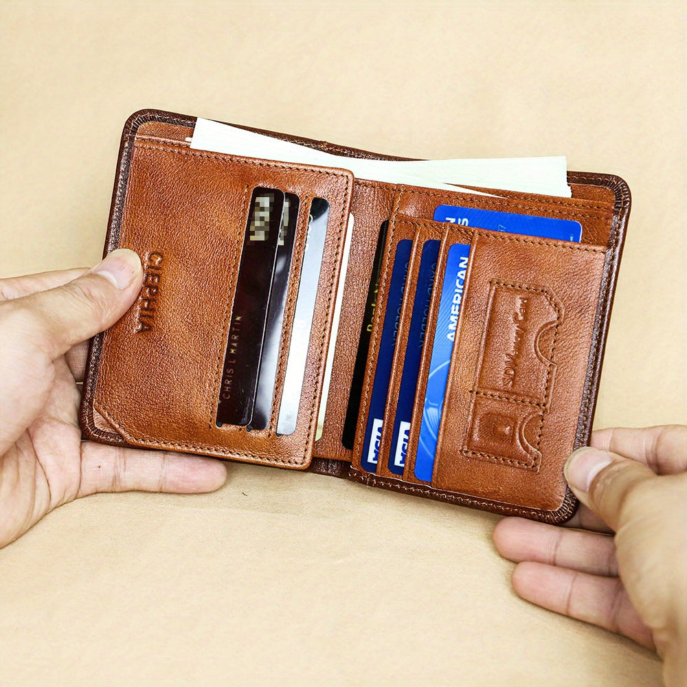 1pc CIEPHIA Vintage Genuine Leather RFID Blocking Wallet for Men - Slim, Multi-Functional ID & Credit Card Holder, Deep Brown with Embossed Logo, Ideal Gift for Valentine's Day