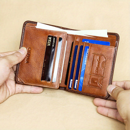 1pc CIEPHIA Vintage Genuine Leather RFID Blocking Wallet for Men - Slim, Multi-Functional ID & Credit Card Holder, Deep Brown with Embossed Logo, Ideal Gift for Valentine's Day