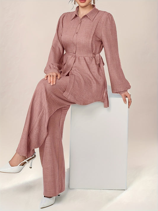 Women'S Solid Color Long Sleeve Knotted Waist Single-Breasted Shirt and Pants Elegant Commuter Set, Two-Piece Summer Autumn Women'S Outfit Office Business Casual Women'S Suit