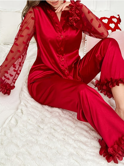 Elegant Women'S Lace-Trimmed Long Sleeve Pajama Set - Vibrant Red V-Neck Loungewear with Floral Lace Detail, Soft Polyester Blend for All Seasons