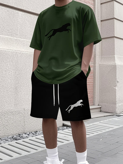 Leopard Print 3D Printed Men's Casual Sportswear Set - Breathable Polyester Knit Fabric, Crew Neck Short Sleeve T-Shirt and Shorts Combo, Regular Fit for All Seasons