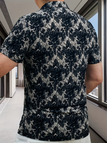 Men's Short Sleeve Shirt with Zipper Front - Black & White Floral Print Summer Casual T-Shirt, Breathable Stand Collar, Regular Fit for Casual Attire, Easy Care Fabric