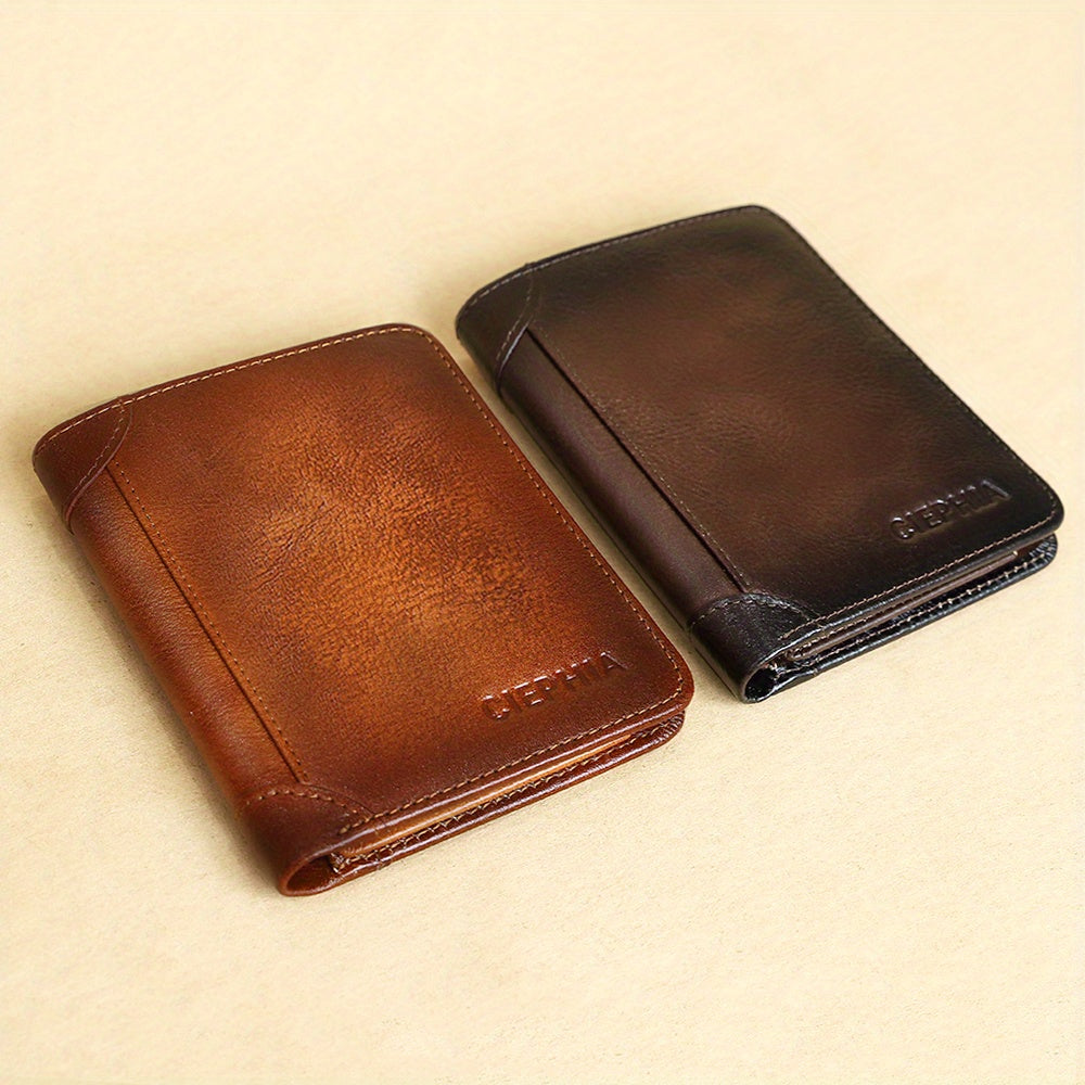 1pc CIEPHIA Vintage Genuine Leather RFID Blocking Wallet for Men - Slim, Multi-Functional ID & Credit Card Holder, Deep Brown with Embossed Logo, Ideal Gift for Valentine's Day