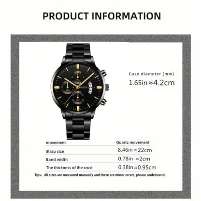 Men'S Luxury Black Stainless Steel Quartz Watch with a Date Feature, Ideal for Business Occasions.