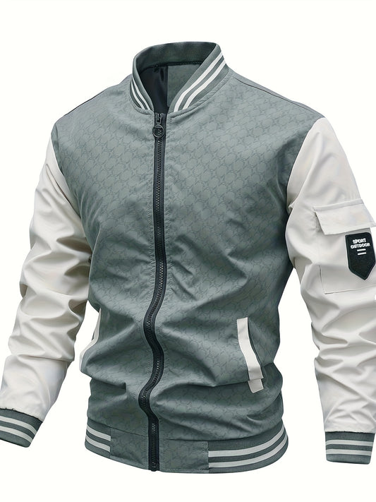 Men'S Lightweight Geometric Pattern Bomber Jacket - Casual Long Sleeve Zip-Up with Pockets, White & Gray, Polyester Lining, Perfect for Fall, Autumn Jacket