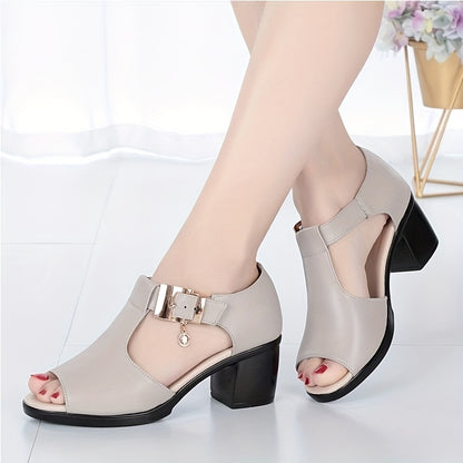 Elegant Women'S Open-Toe Chunky Heel Shoes - Comfortable Mid-Height with Golden Buckle Strap, Breathable Cut-Out Design, Shock-Absorbing Insole & Durable Rubber Sole for Summer Casual & Formal Occasions, High Heel Footwear, D