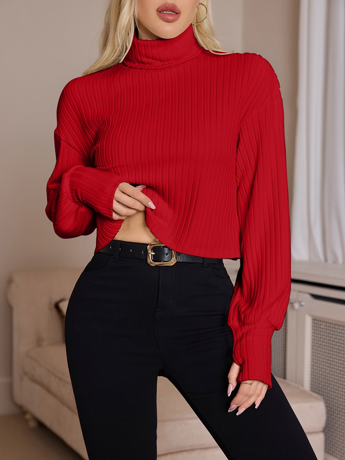 Women'S High Neck Knit Turtleneck T-Shirt, Solid Color Polyester 95% Spandex 5% Blend, Short Length, Fall/Winter Collection, 210g/m² Knit Fabric