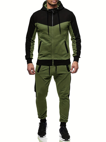Men'S Casual Hoodie Set for Autumn And Winter, Featuring a Hooded Sweatshirt And a Sporty Cardigan in a Patchwork Design.