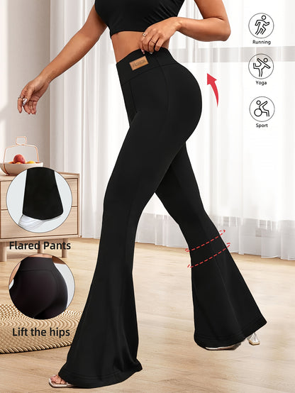 High-Waisted Flared Leggings for Women - Stretchy Black Polyester Pants with Tummy Control, Slimming Fit, and Breathable Design for Spring/Summer/Fall Casual Wear, Spring Summer Leggings | Fitted Leggings | Elastic Waistband