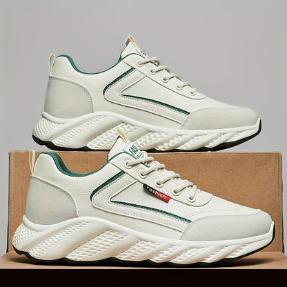 Men's Retro Sneakers - White & Green Accent Lace-Up Shoes, Cushioned PVC Sole for All-Day Comfort, Low-Top Sneakers for Gym, Office, Casual Attire - Model HX-7, Gym Footwear, Sleek Casual Style, Fabric Upper, Durable Traction