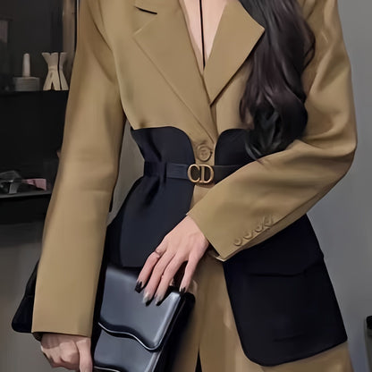Կանացի էլեգանտ Midi Blazer, միաձույլ գույնի պոլիեսթեր 100% երկարաթև բաճկոն գոտիով դետալներով, X-Contour միայնակ կրծքով վերարկու, գարուն/ամառ նորաձև վերարկու